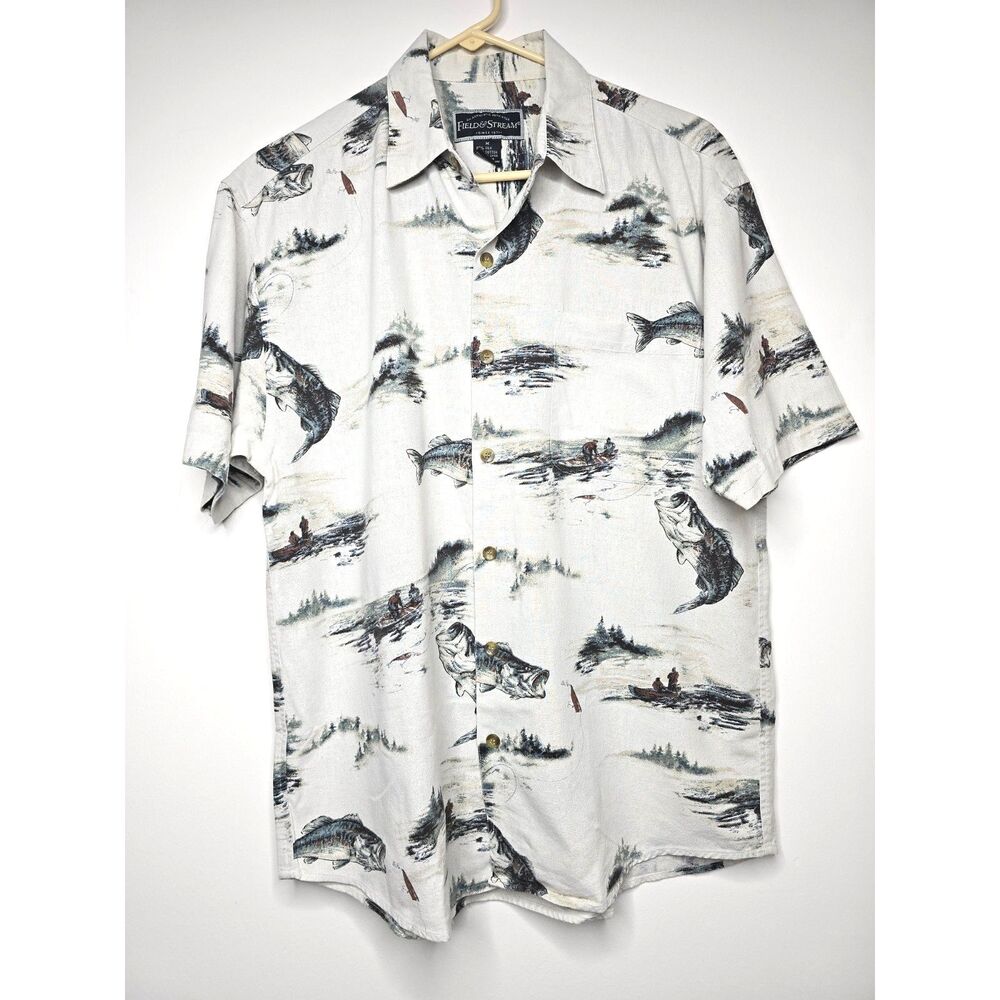 Vintage Field & Stream Fishing Shirt Silk Blend  Bass Print Medium Gorpcore